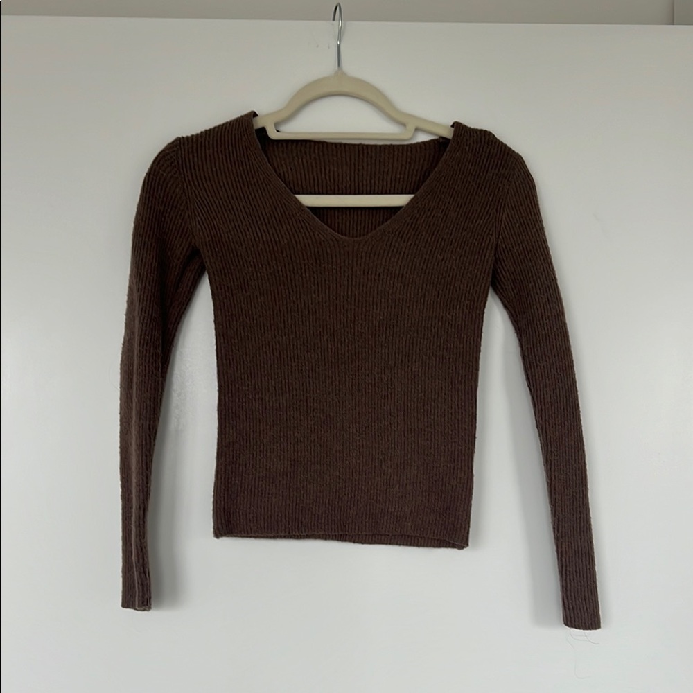 Brown V-Neck Knit Sweater